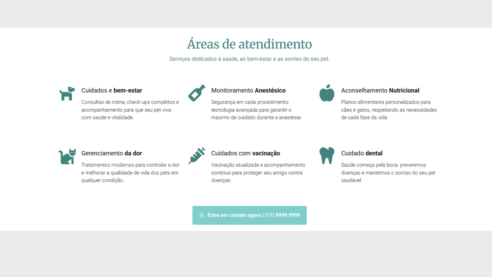 Grade de serviços por áreas de atendimento da clínica