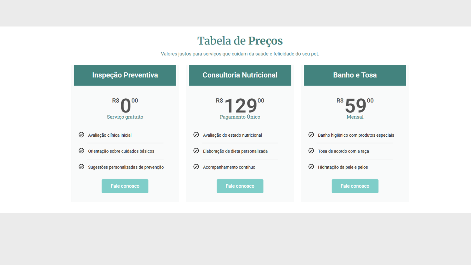 Tabela de preços dos serviços veterinários